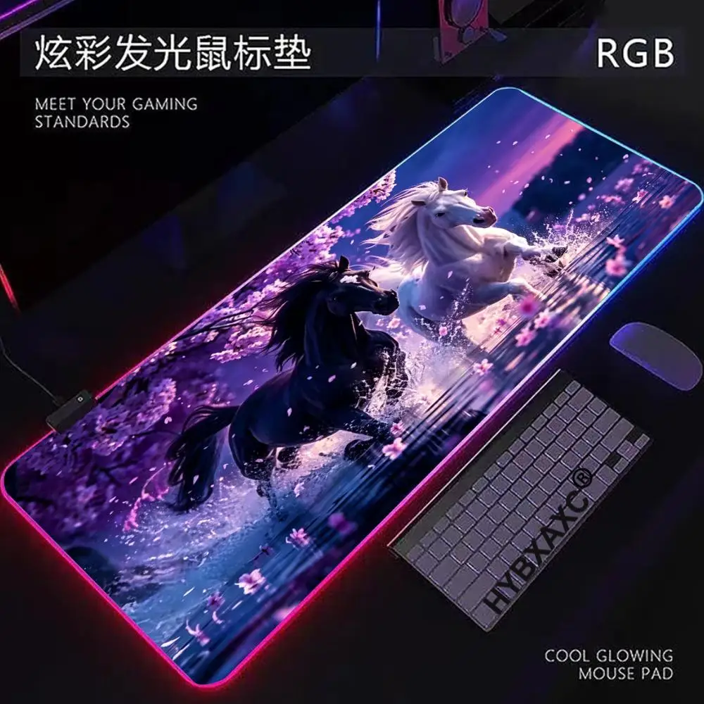 HYBXAXC HD New Black & White Horse Mouse Pads RGB Gaming Mouse Pad Desk Mat HD Gamer Large LED Light XXL