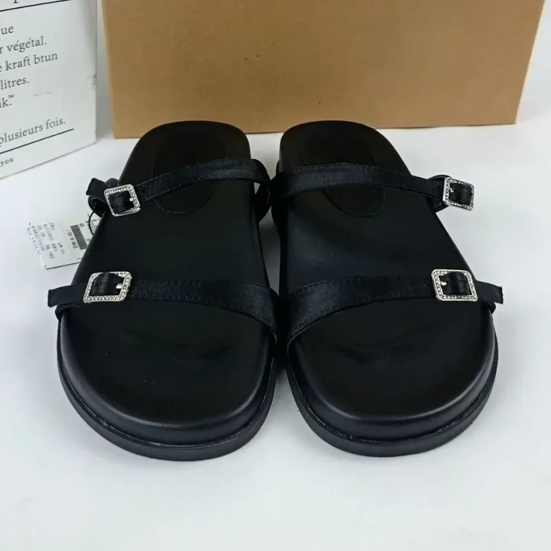 2025 Summer Women Flat Sandals Open Toe Black Casual Beach Shoes for Lady Thick Sole Platform Buckle Strap Outdoor Footwear