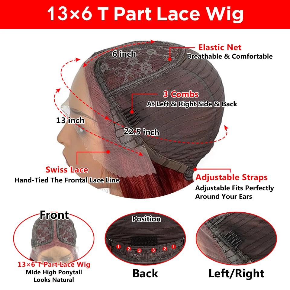 Borgonha HD Transparente Lace Front Perucas de Cabelo Humano para Mulheres, 99J, Vermelho, Reto, 13x6x1, Pré Arrastado, Peruca Destaque