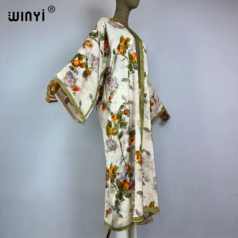 WINYI kimono jesienne wysokiej jakości dwustronne nadruki sukienka jedwabna plażowe kardigan w stylu Boho eleganckie okrycie plażowe damskie Kimono