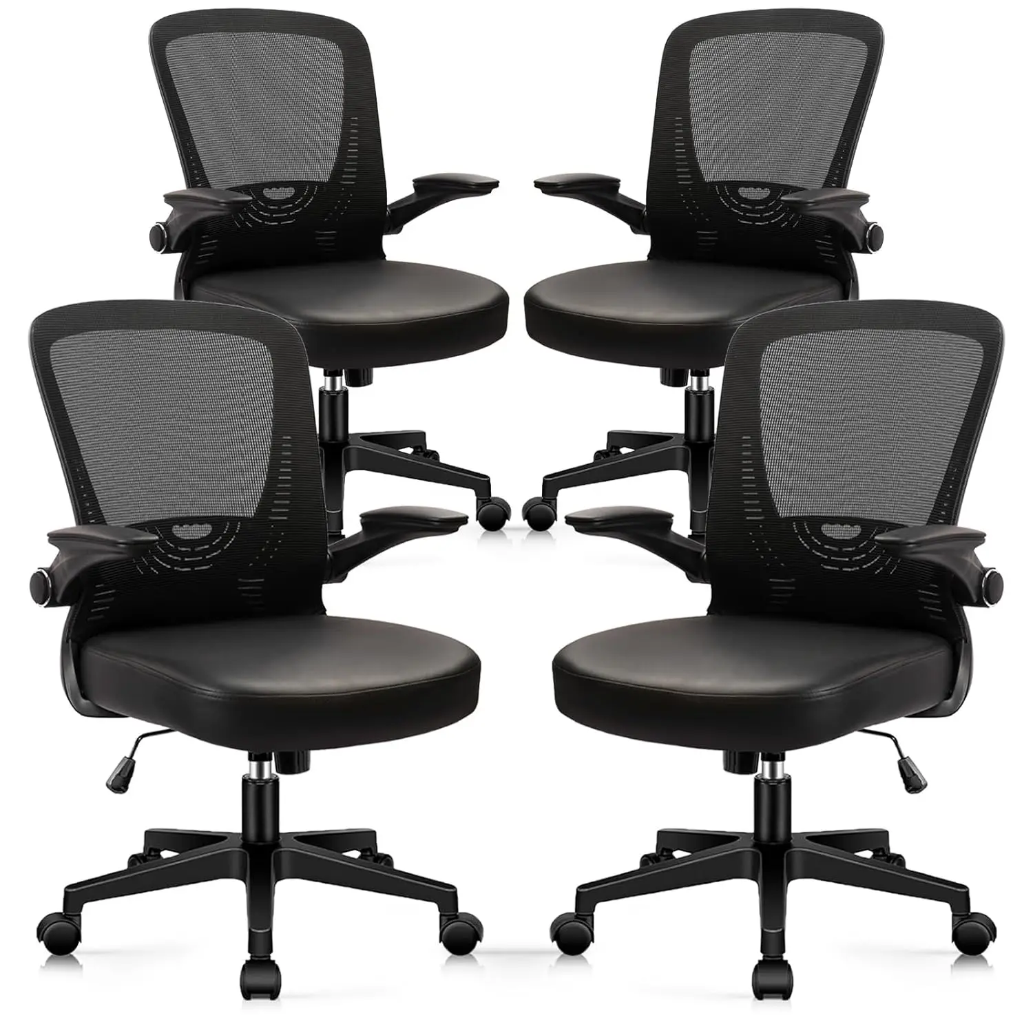 

Офисные кресла с сиденьем из искусственной кожи, откидными подлокотниками, эргономичной сетчатой спинкой, поясничной поддержкой, регулируемые, с возможностью индивидуальной настройки.