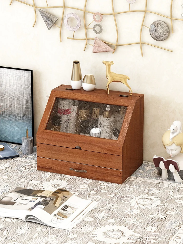 Retro Wooden Desktop Organizer Box Perfume Cosmetic Storage Rack Bookshelf Cup Cabinet Living Room Dustproof Cover Drawers