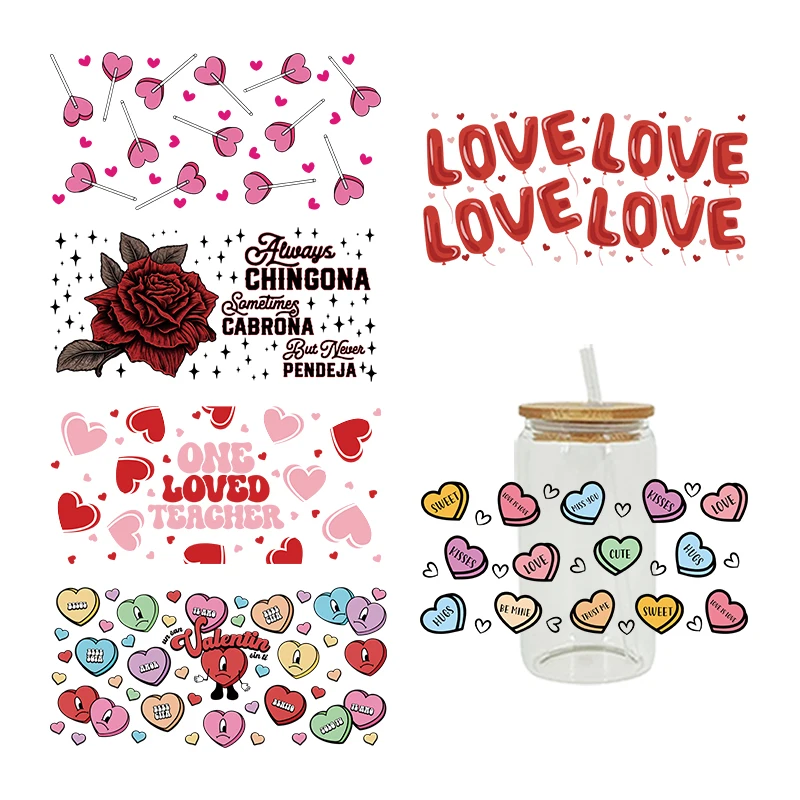 UV DTF Sublimation Stickers Rose Gift Love Valentine's Day Hearts Cow Boy Printed For 16oz Libbey Glasses Wraps D6047