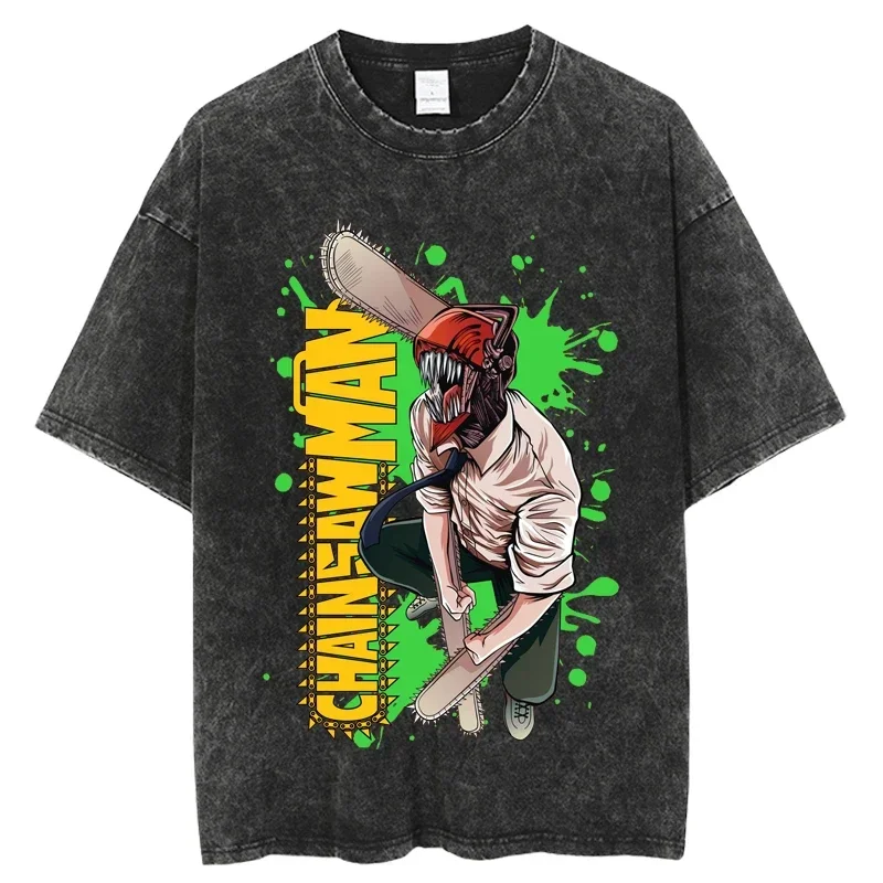 2025 Vintage Washed Tshirts chainsaw man Anime T Shirt Harajuku Oversize Tee Cotton fashion Streetwear unisex top