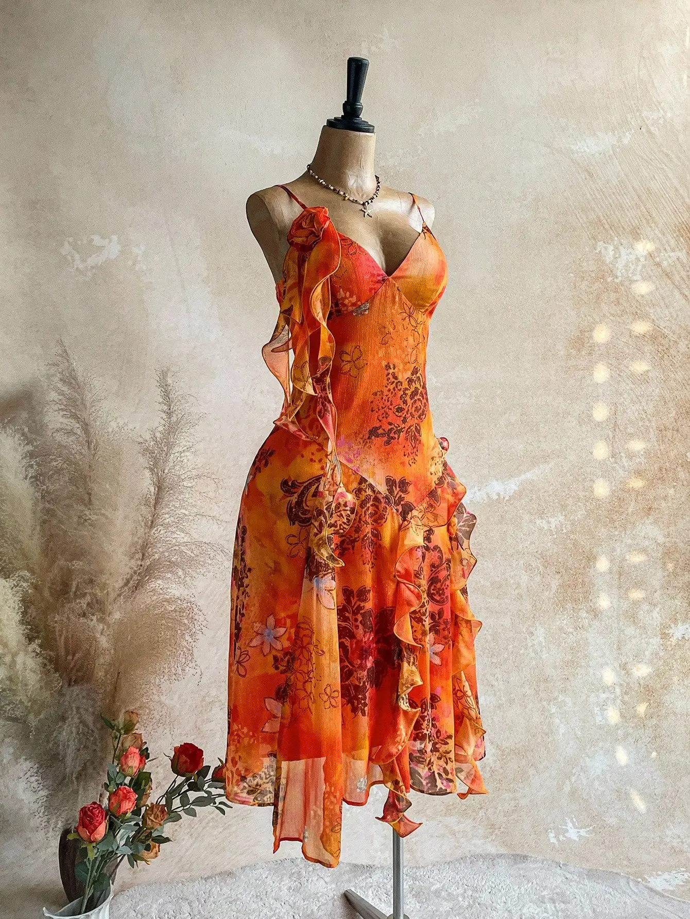 Boho Floral Chiffon Dress with Ruffles & V Neck, Vacation Ready Summer Midi