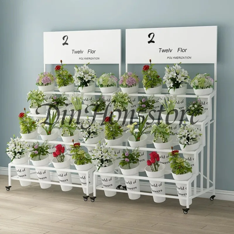 Florist flower arrangement Plastic flower bucket holder Indoor and outdoor with wheels Movable with billboard Wrought iron light