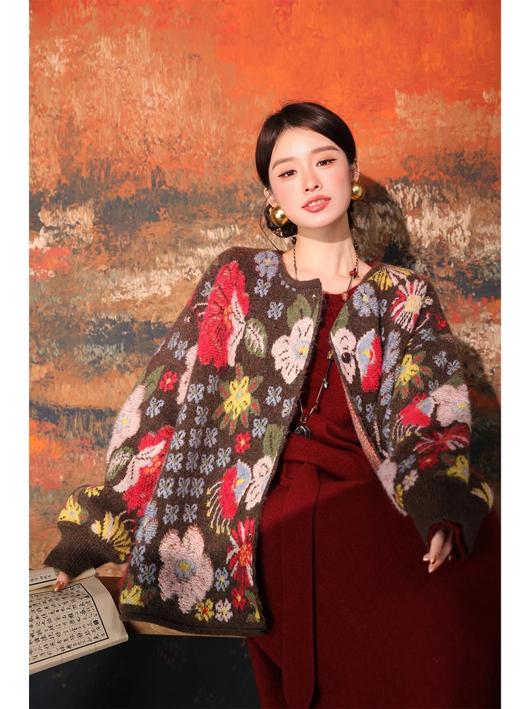 

Moka Melody Multi-Color Knitted Lace Towel Embroidery 3D Open Cardigan Sweater Warmth Floral Pattern Chinese Sle Women's Kn...