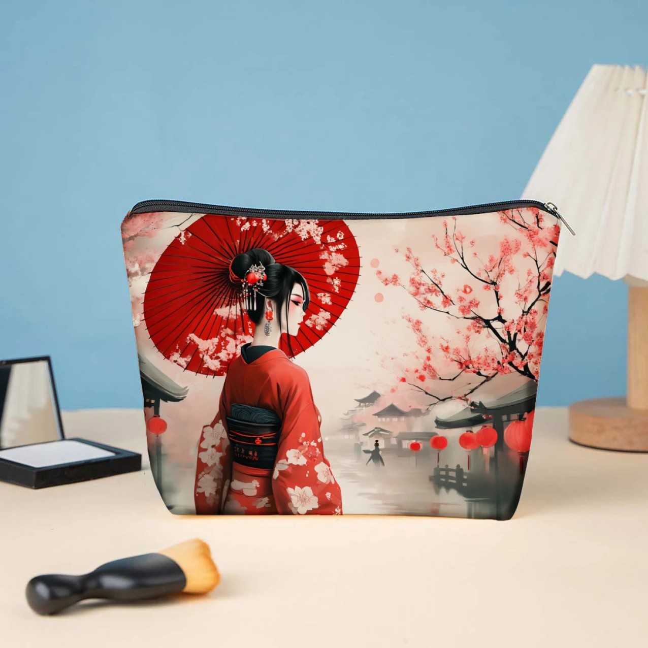 Japanese Printed Makeup Bag Lady with Red Umbrella Cherry Blossoms Traditional Oriental Aesthetics Spring Design Large Storage