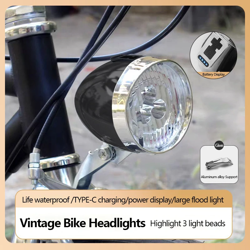 Vintage fietskoplamp 3LED fietskoplamp MTB zaklamp Retro design fietskoplamp voor nachtelijk rijden Zwart Zilver