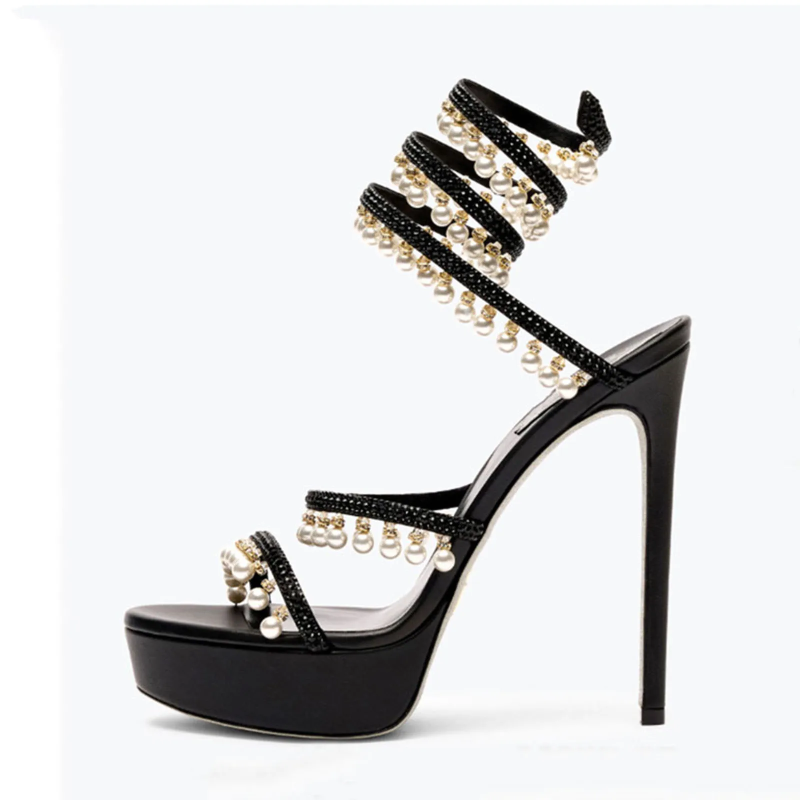 

Arden Furtado 2025 Summer Crystal Serpentine winding belt Sandals Round toe platform Super high heel Open toe sandals large size