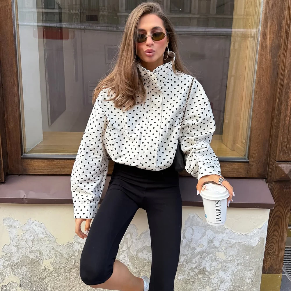 

Tuularose Zipper Full Sleeve Short Polka Dot Printing Thin Jackets Women Casual Stand Neck Slim Coat Lady New Highstreet Outwear