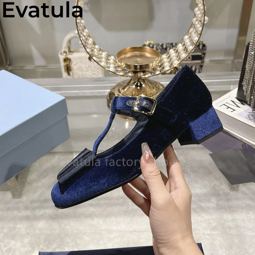 Velvet Round Toe Shallow Mouth Chunky Heels Shoes Women Fashionable Mary Jane Low Heel Shoes Summer Dance Party Shoes Woman