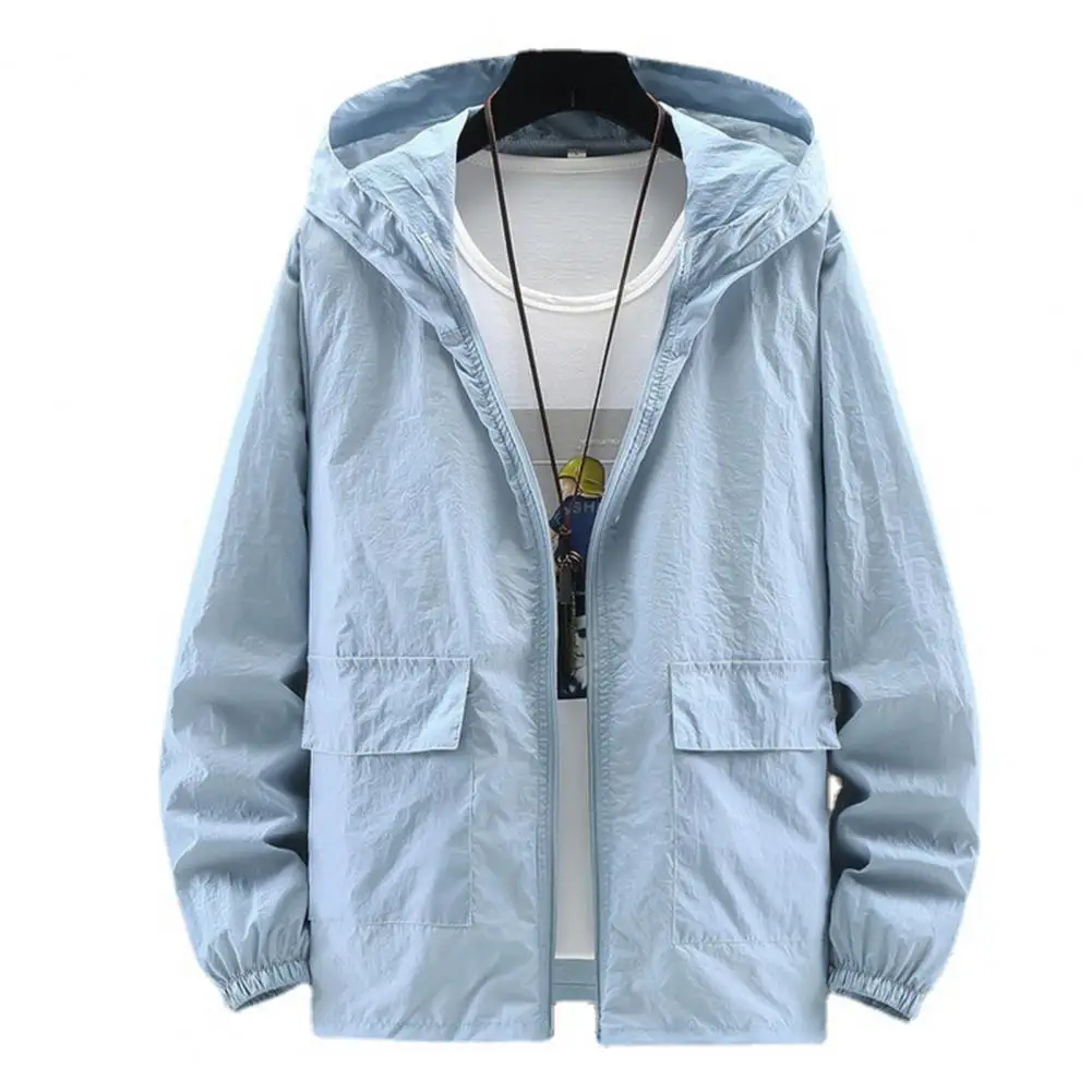 Men Sun Coat Hooded Long Sleeve Zipper Placket Fishing Coat with Flap Pockets Sunscreen Jacket