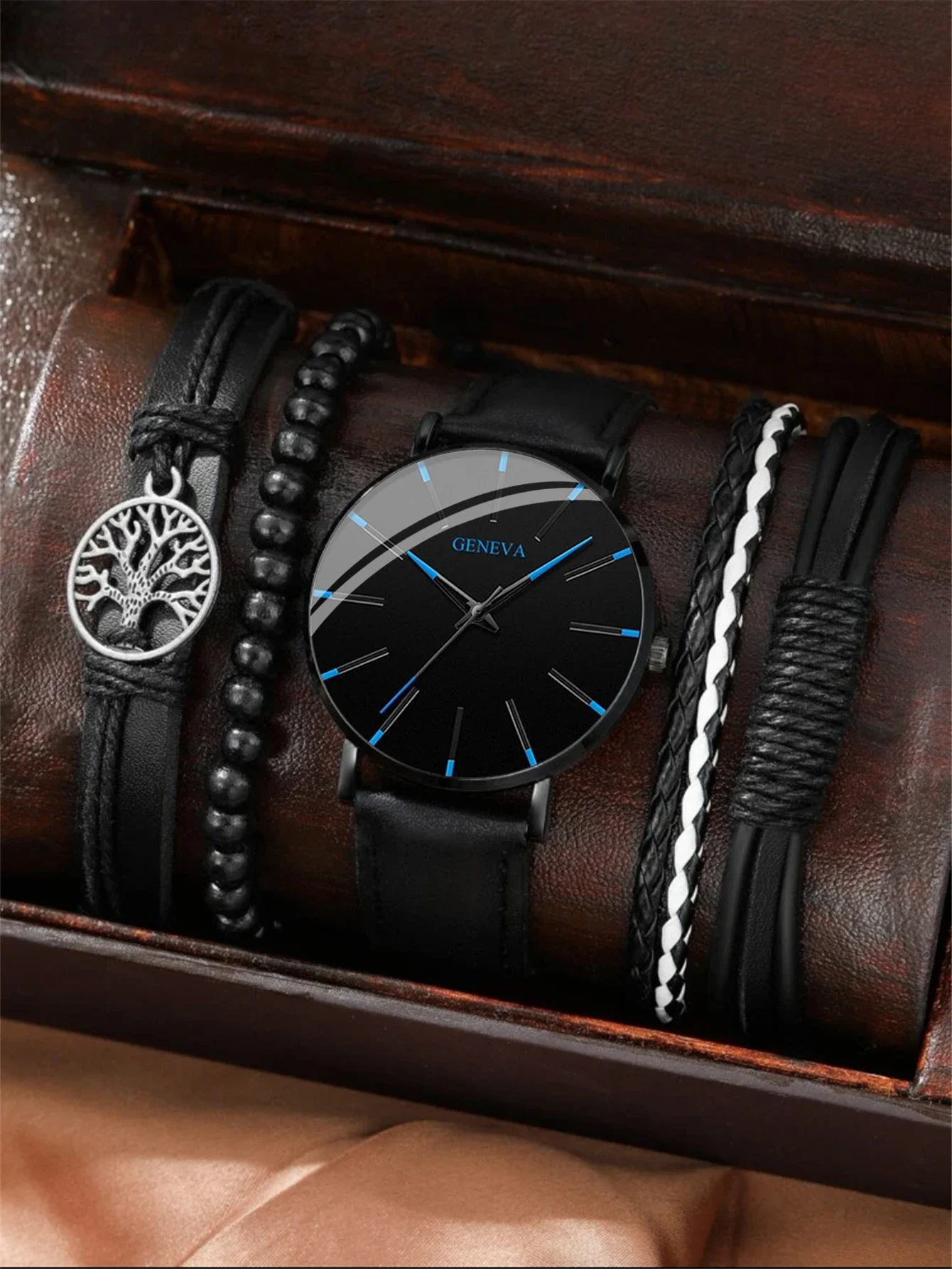 

5pc Black Classic Quartz Watch Men Dial Watch Fashion Round Quartz Simple Casual Watch For Sports Leather Bracelet