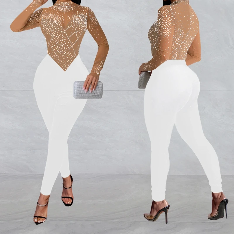 

Women Hot Rhinestones Sexy Mesh Sheer Long Sleeve Jumpsuits Streetwear Diamonds Night Club Party Skinny One Piece Rompers