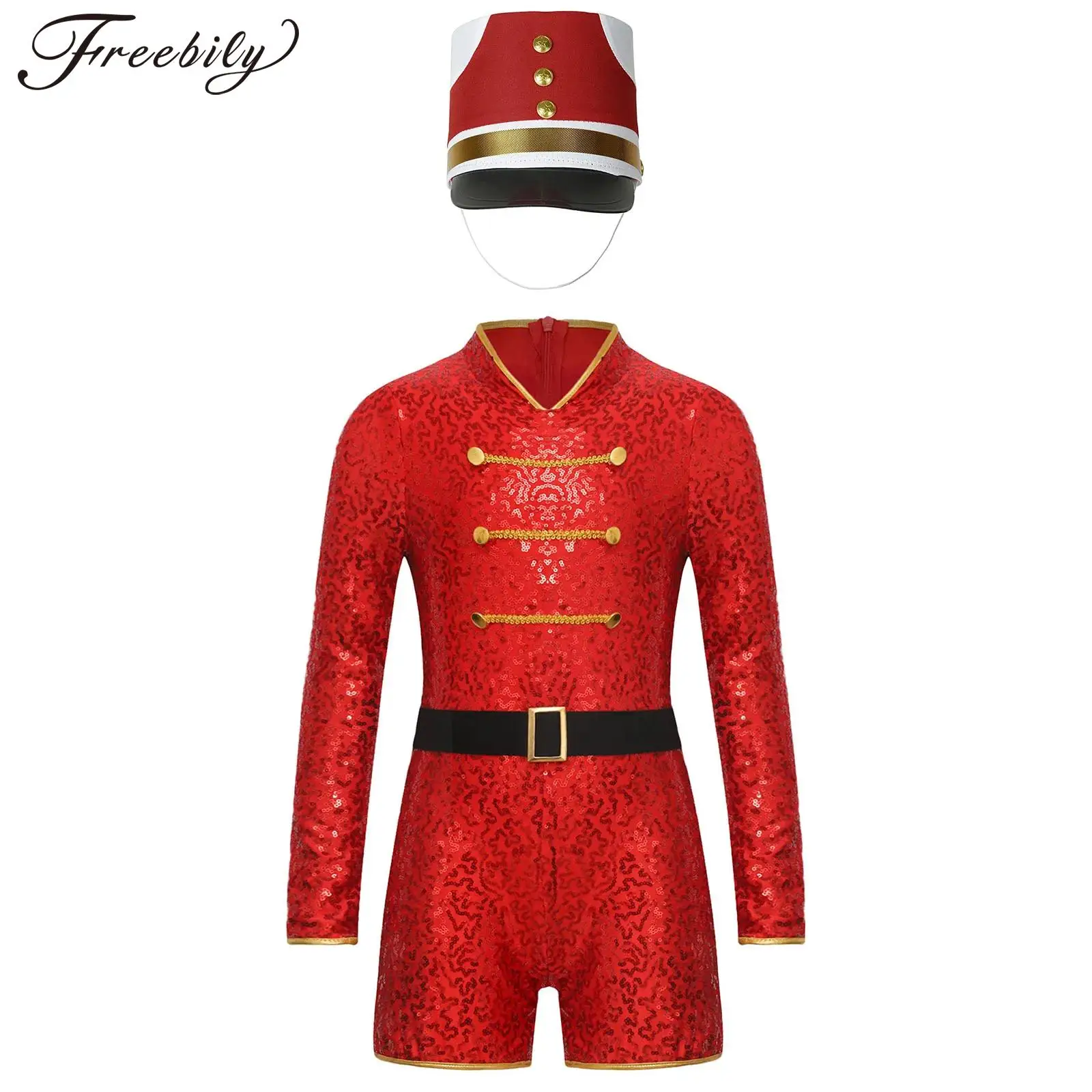 Kids Girls Circus Ringmaster Cosplay Costume Jumpsuit Drum Marching Band Uniform Lion Tamer Long Sleeve Sequins Leotard Bodysuit