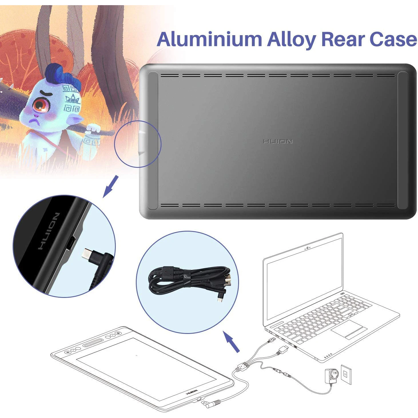 Tablet grafis 13.3 inci, Tablet grafis Huion Kamvas Pro 13 layar laminasi penuh 120% sRGB, Monitor gambar dengan kaki yang dapat disesuaikan 4 tombol tekan