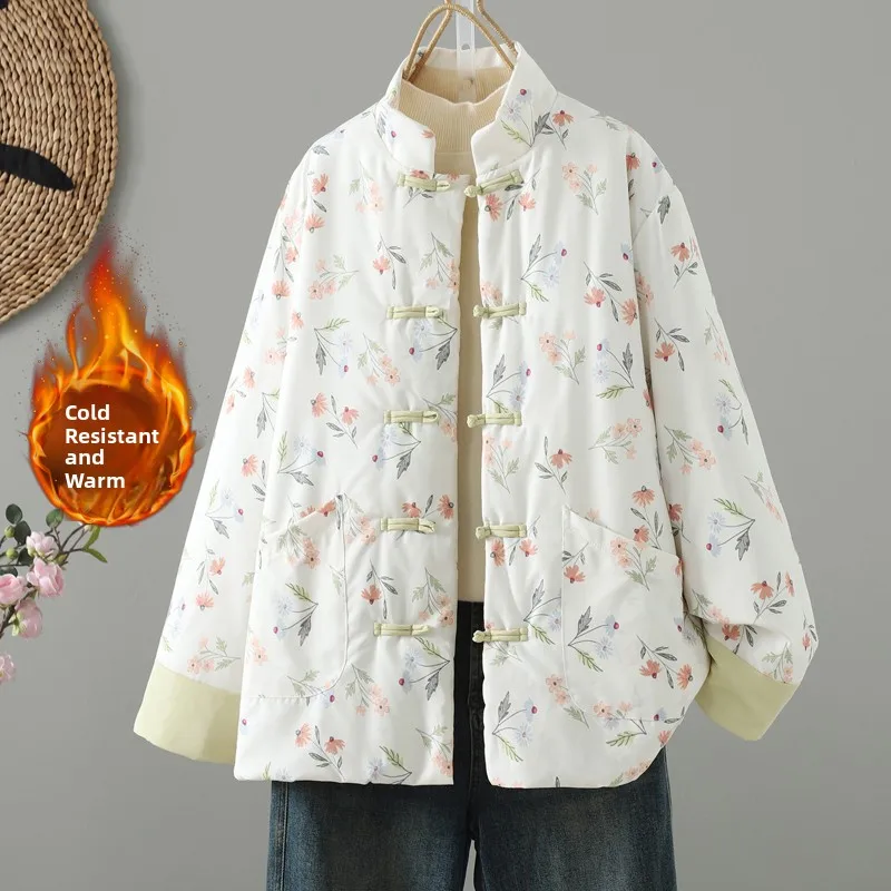 Ciepły, luźny płaszcz bawełniany w dużym rozmiarze z kwiatowym wzorem, chiński płaszcz bawełniany, zimowy płaszcz do dojazdów do pracy, modny, regularny krój.