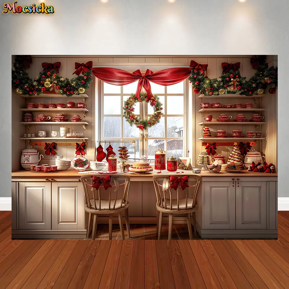 Christmas Kitchen Photography Background Cupboard XMAS Wreath Window Decoration Supplies Family Portrait Backdrop for Studio