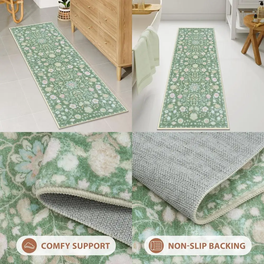 

Large 20x60 Inch Green Floral Bath Mat, Soft, Machine Washable, Non-Slip, Boho Style for Bathroom, Entryway, Bedroom, and Hallwa
