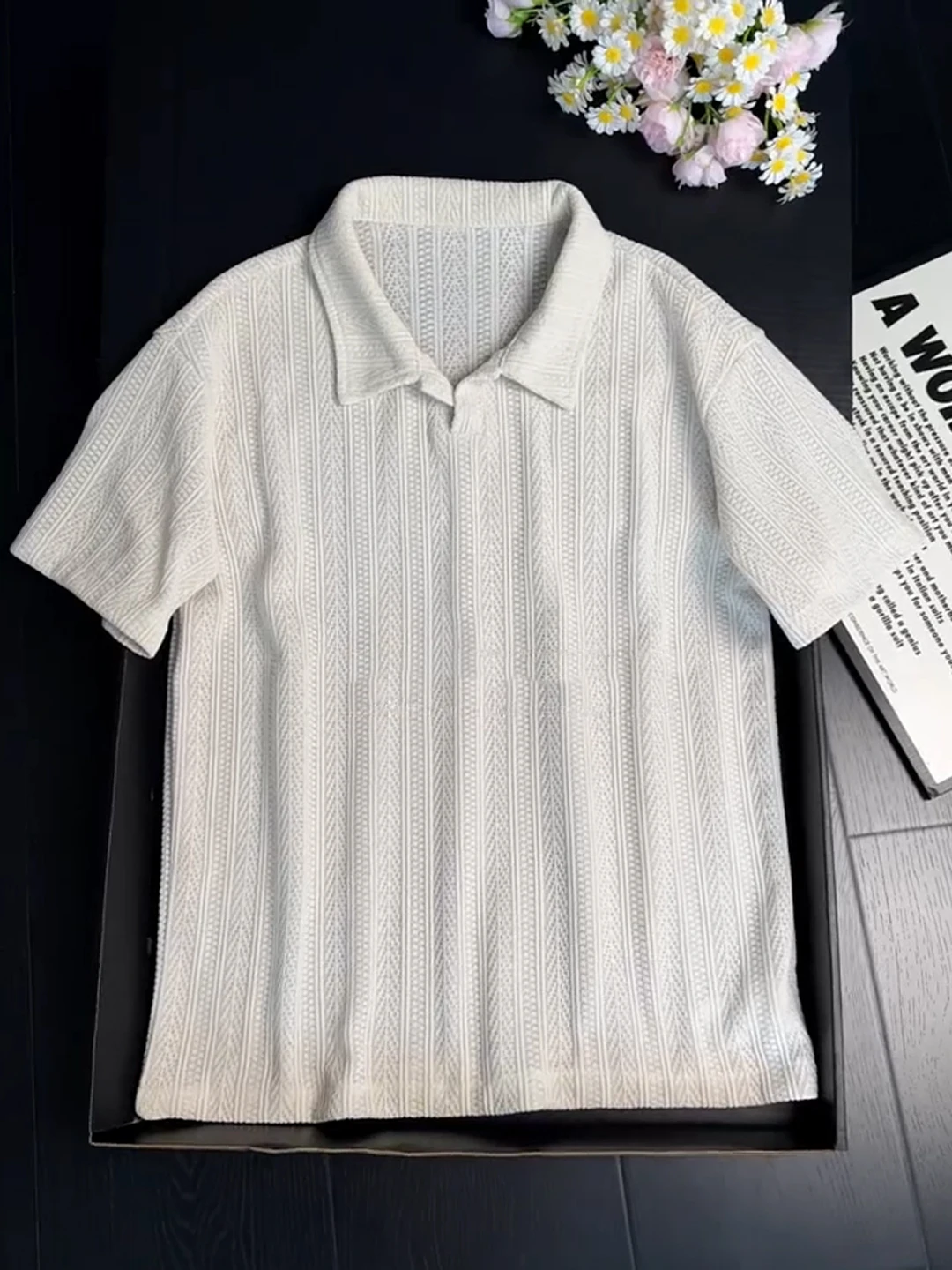 American Style Ice Silk  Shirt Short Sleeve Men's Summer Texture Proper Shoulder T-Shirt Lazy Style Upper Apparel