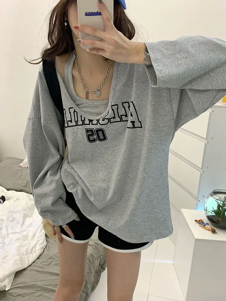 Y2K Two Pieces Set Oversized Women T-Shirts Spring Long Sleeve Halter Letter Print Sweatshirt Ladies Casual Loose Grey Tops New