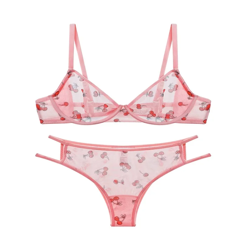

Pink Cherry Lace Bras Set with Mesh Overlay Lingerie Birefs Suit Lightweight Plus Size Underwear Sexy Lace Adjustable Bra Sets