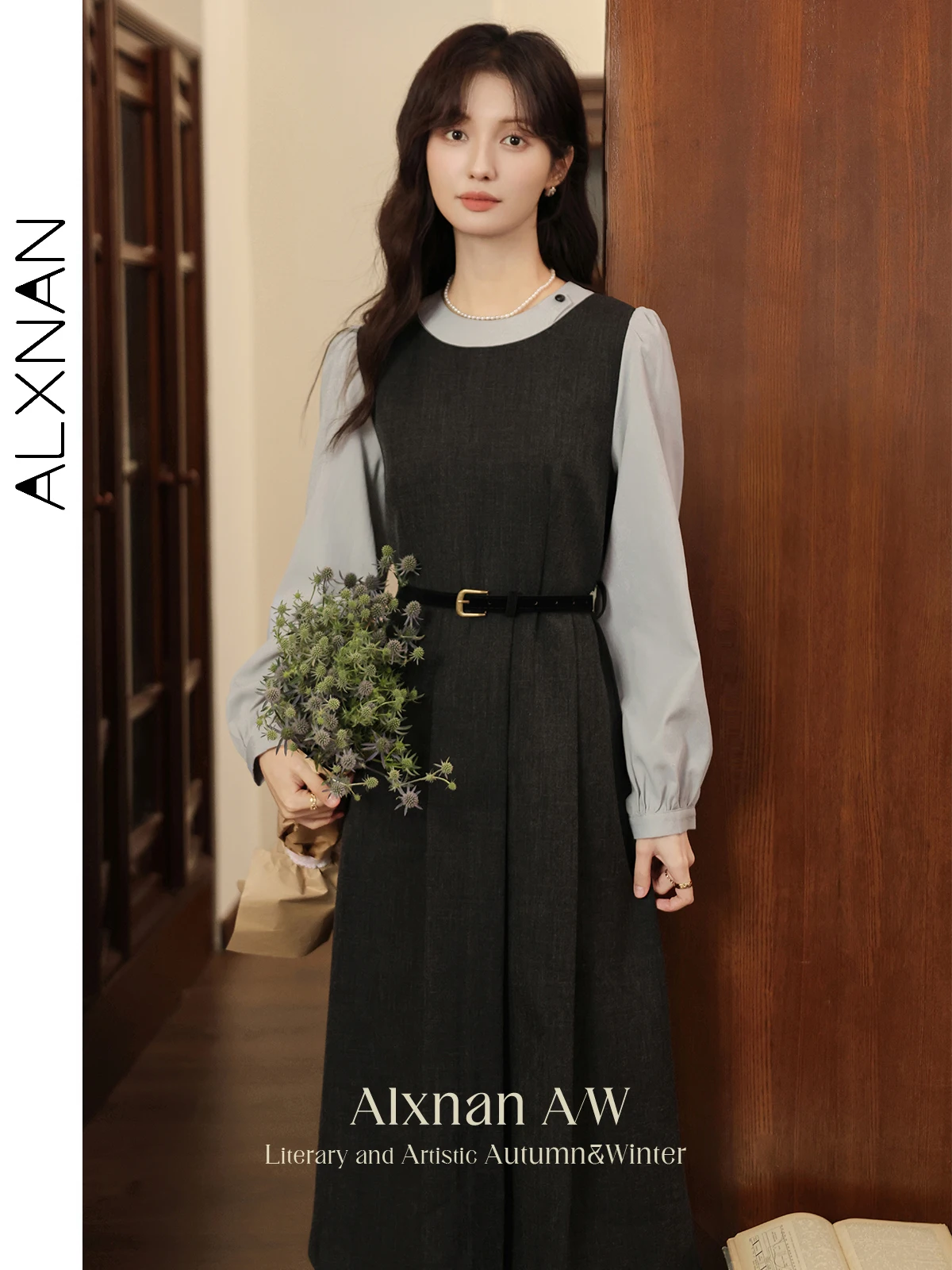 

ALXNAN Women's Dress Black Gray Fake Two-piece Long Sleeve Dresses 2025 Autumn Winter Office Lady Elegant Casual Clothes L507126