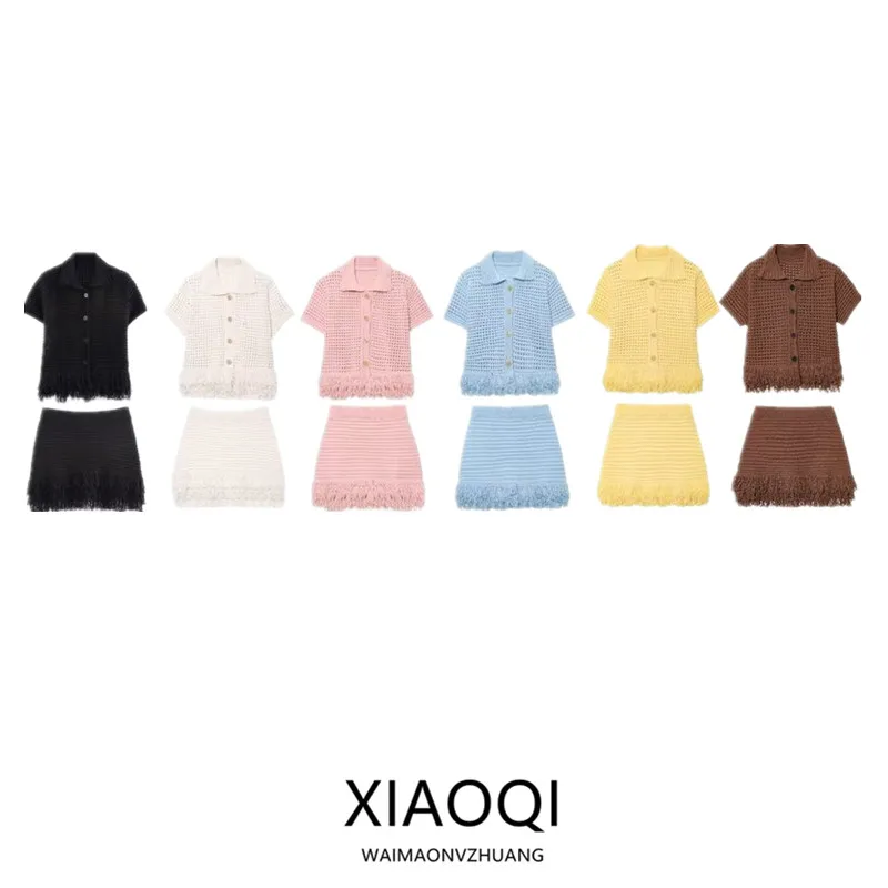 

Summer 2025 New Arrival Women's Knitted ort Sve irt Collar Tassel Trim Plaid Patterned Outerwear Faionable Adult Set