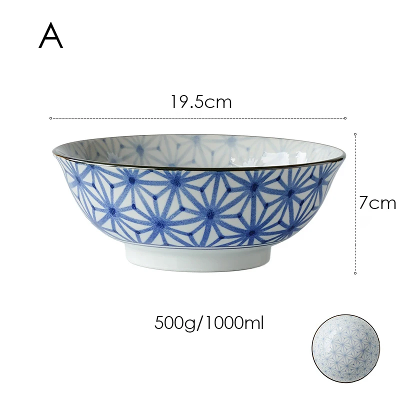 7.68 Inch Blue Ceramic Bowl Ramen Noodle Bowl Big Soup Salad Mixing Bowl Floral Design Microwave Safe 1000ml