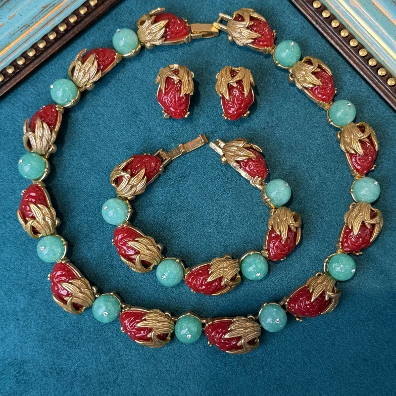 Vintage Green Agate Berry Red Glass Jewelry Sets Luxury Natural Stone For Woman Necklace Earrings Bracelet Festival Trendy Gift