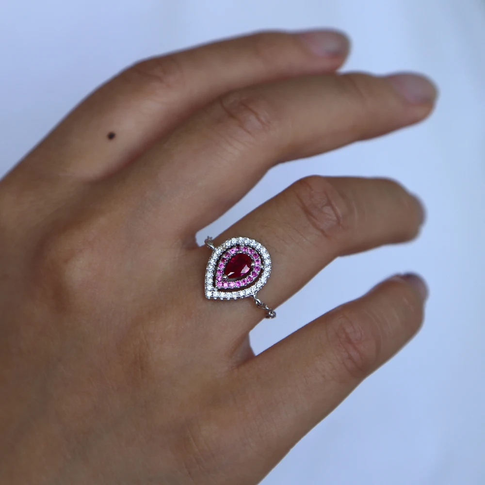 simple minimal fashion jewelry geometric cz tear drop square charm colorful cubic zirconia chain adjust ring