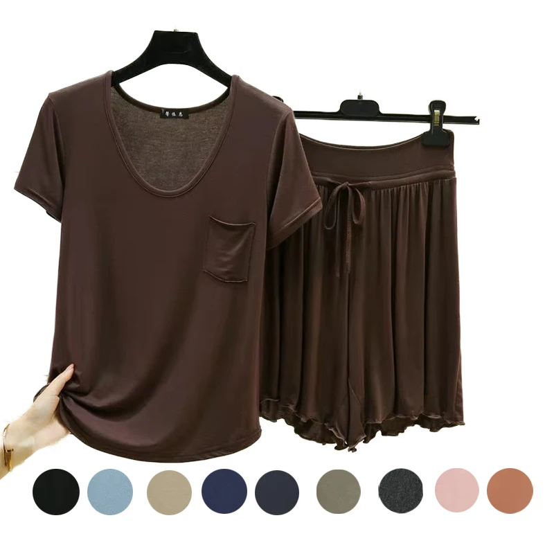M-6XL Modal Crew Neck Pocket Short-sleeved T-shirt Shorts Two-piece Set Large Size Loungewear Pajamas Women Sleepwear Suit