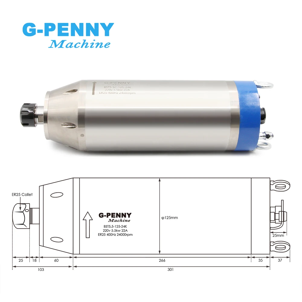 

5.5kw ER25 D125 220v/380v Water Cooled Bearing Spindle Motor Bullet Type Wood Working AC CNC Router 400Hz 24000rpm