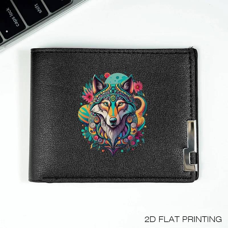 Cartera de cuero PU con diseño artístico de lobo, cartera compacta minimalista para hombre, ligera y duradera, accesorio de moda para negocios diarios