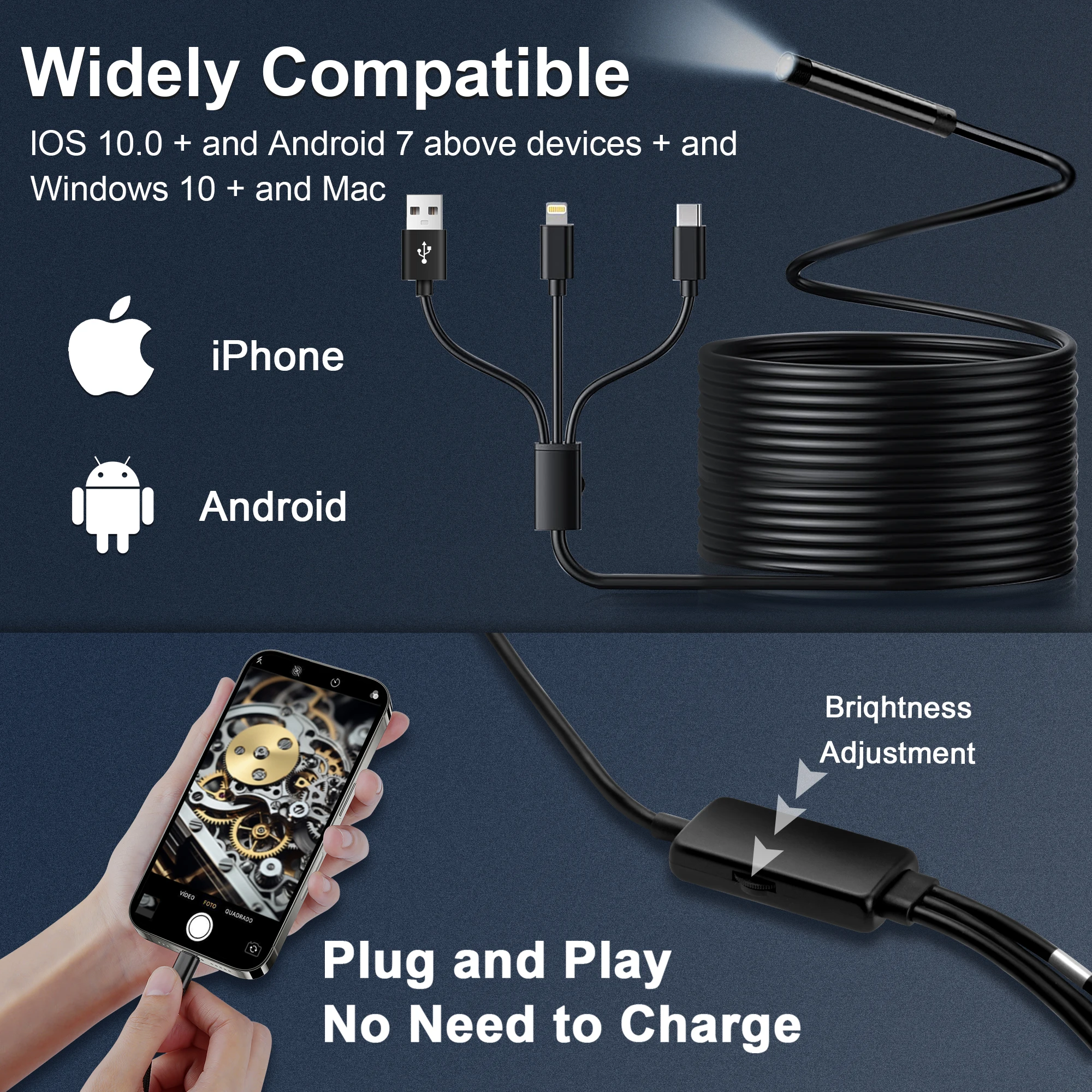 Câmera de inspeção endoscópica 3 em 1, para micro usb/tipo-c/ios iphone, à prova d'água, tubulação industrial de esgoto, boroscópio de carro 1080p hd