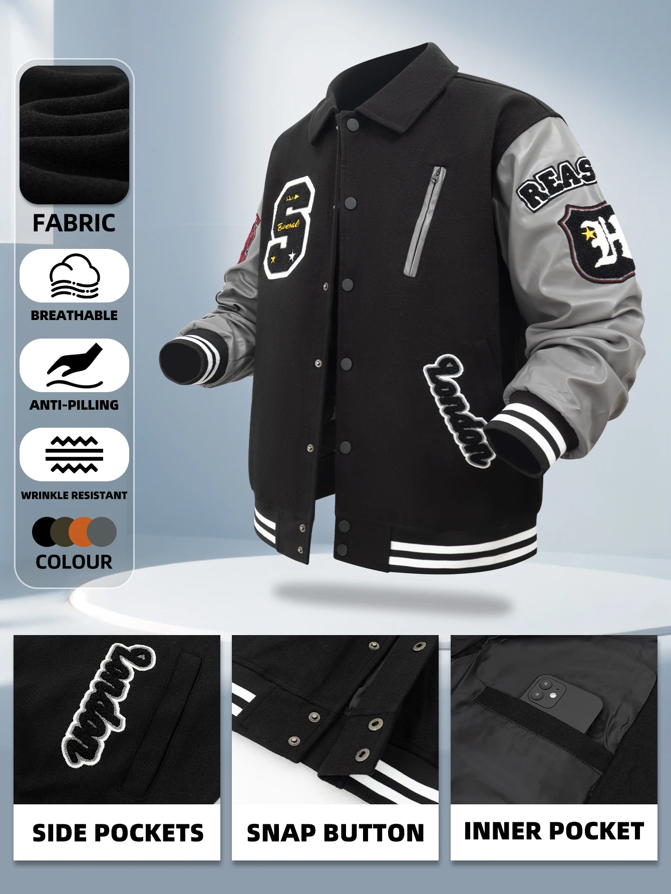 Men\'s Varsity Jacket Faux Leather Sleeve Vintage Motorcycle Coat Bomber Lapel Collar Spring/Autumn Lertterman Outdoor Menswear