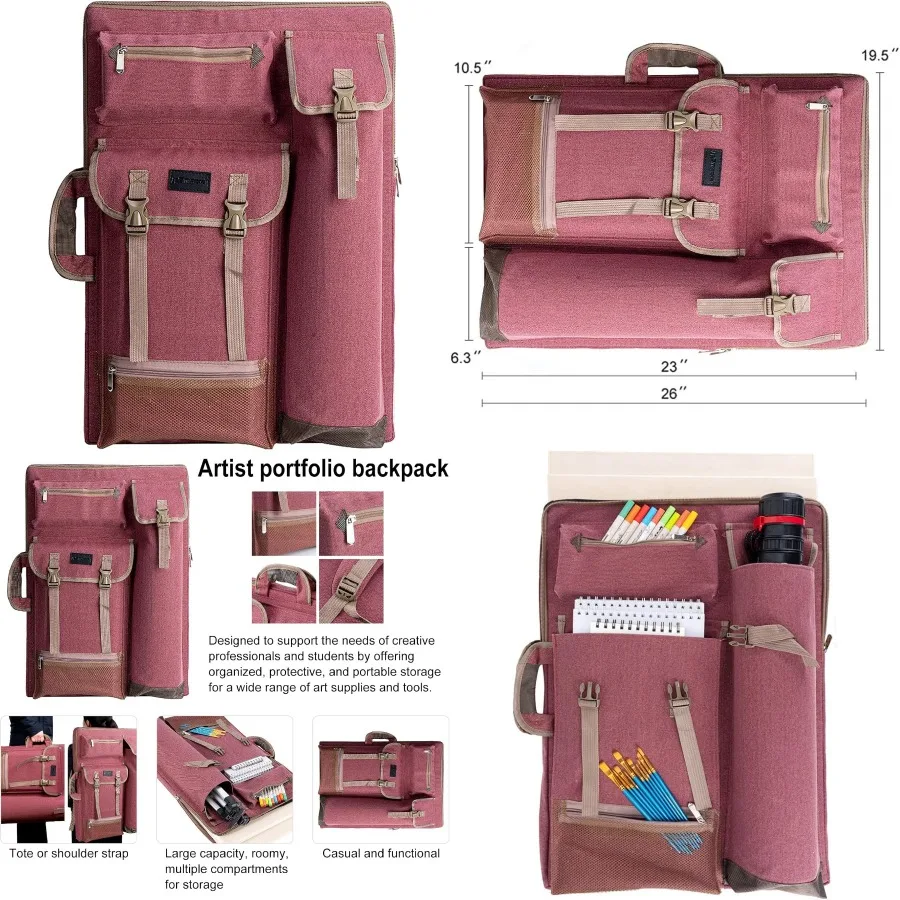 Zaino grande con portafoglio artistico in tela da 26 x 19,5 per artisti con design durevole e scomparti multipli Ideale per Studio t