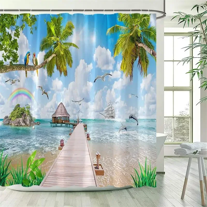 Ocean Landscape Shower Curtain Beach Palm Trees Parrots Dolphins Sea Waves Nature Scenery Bath Curtains Fabric Bathroom Decor