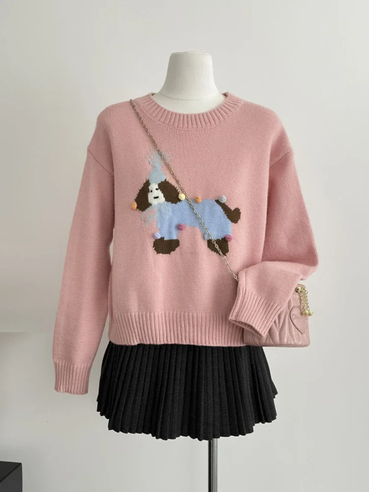 

Pink Sweater 2024 Autumn Winter New Knitted Pulls Long Sleeve Tops Jumpers Korean Style Cartoon White Pink Pullover Sweater