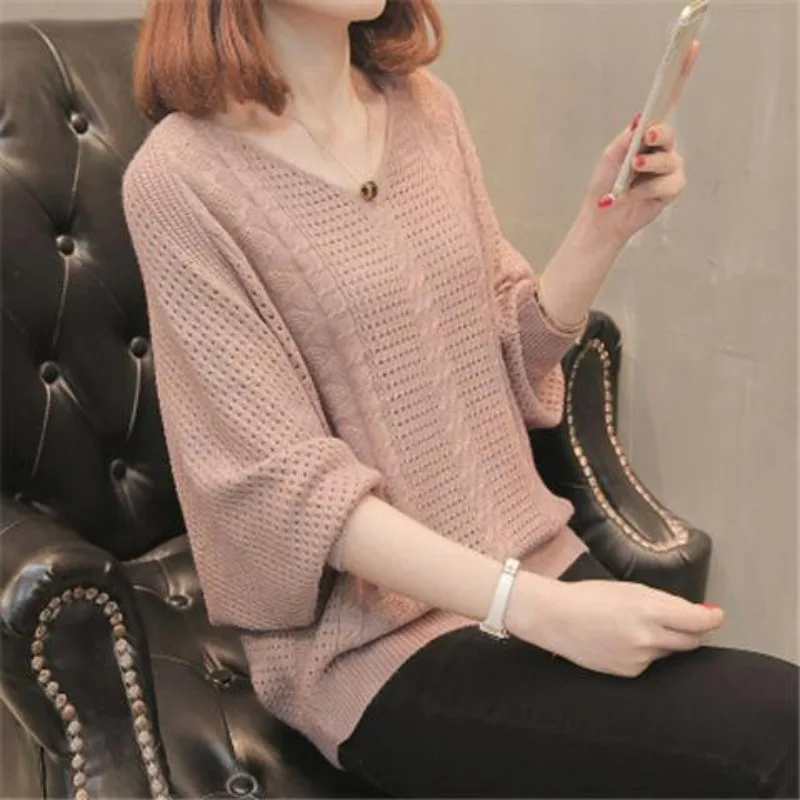 Women Korean Fashion V Neck Hollow Bat Long Sleeve Chic Knitted Sweater Female Simple Casual Solid Loose All Match Pullover Tops