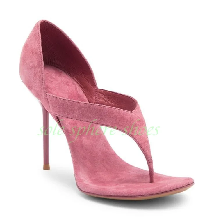 

Lady Sexy Pink Suede Flip Flops Pumps Suede Open Toe Cut-Out Summer Dress Party Pumps Elegant Stiletto Heel Pumps Size 34-46