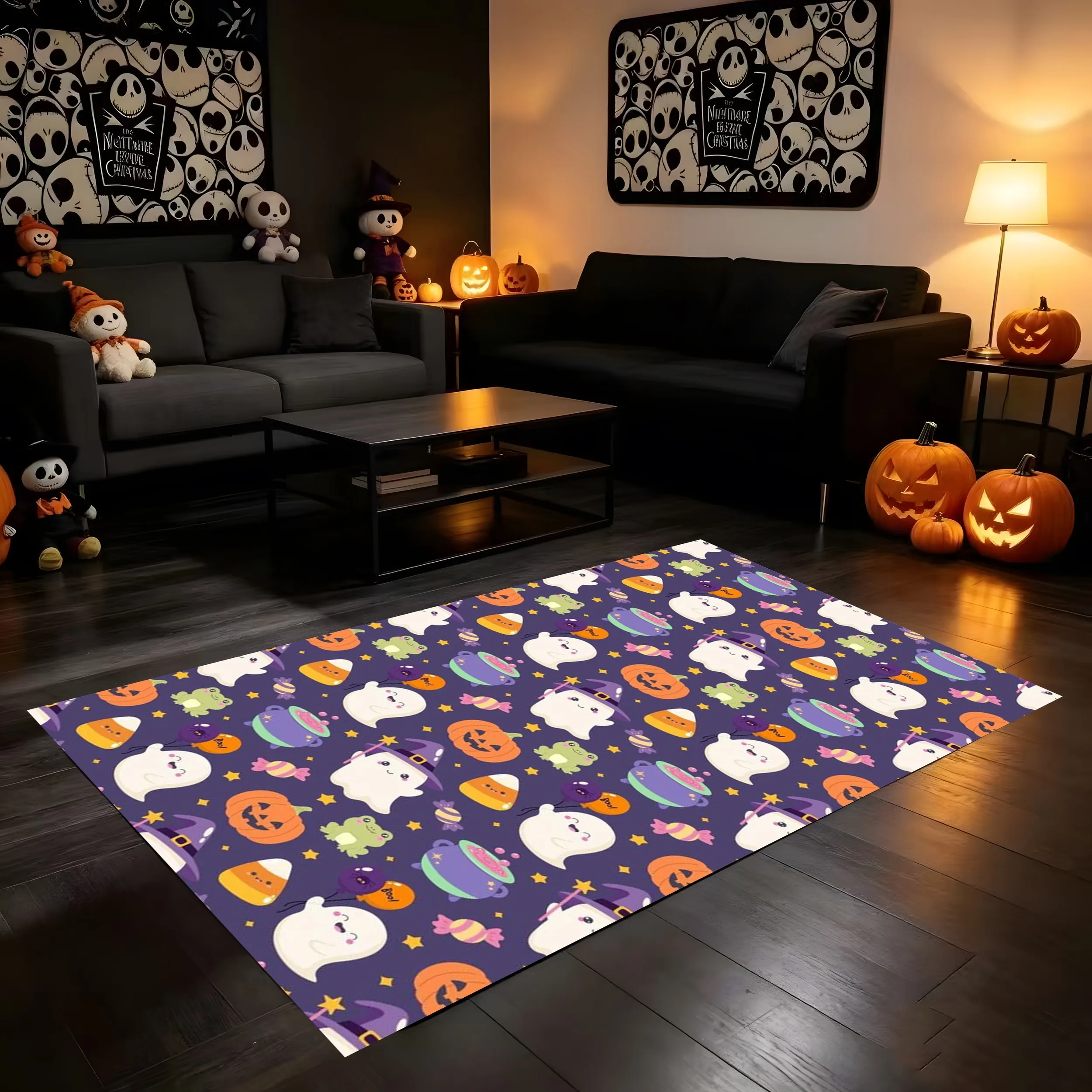 2D Large Rug with Cute Forest-Themed Mushroom and Leaf Prints, the Soft Eye-Catching Colors Are Perfect for a Warm and Festive Atmosphere
