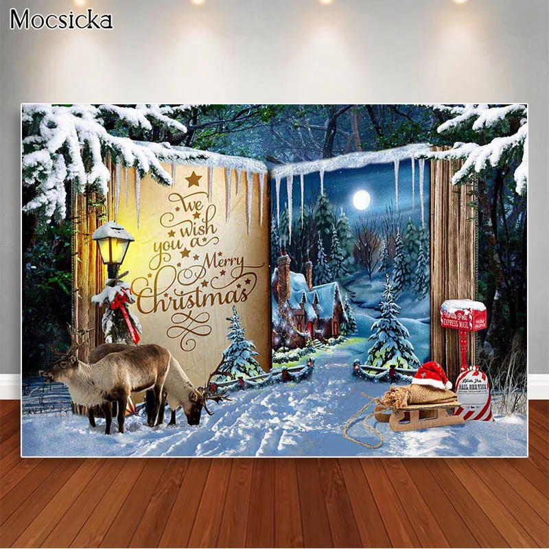 Fairy Magic Book Christmas Photoshoot Backdrop Children Kids Family Portrait Photo Props Studio Booth Background Snow Xmas Tree