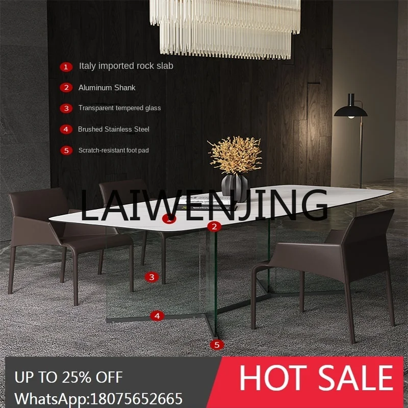 Italian-Style Light Luxury Household Bright Stone Plate Tempered Glass Base Simple Rectangular Dining Table