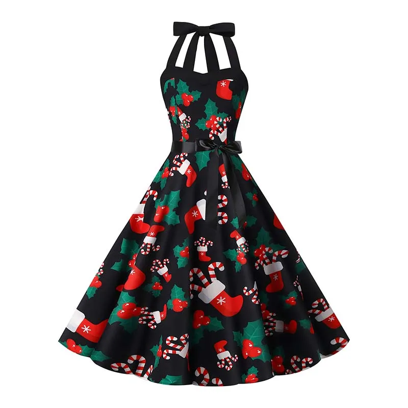 Christmas Dress Women Sexy Halter Vintage Snowflake Print Retro Swing Xmas Party Sundress Holiday New Year