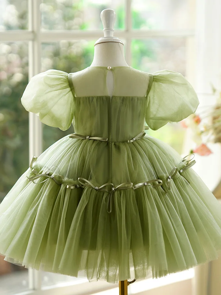 Luxurious Girls Princess tutu Dress Children green Bow Fluffy Wedding flower girls Prom Gown baby  Birthday Party Kids Dresses