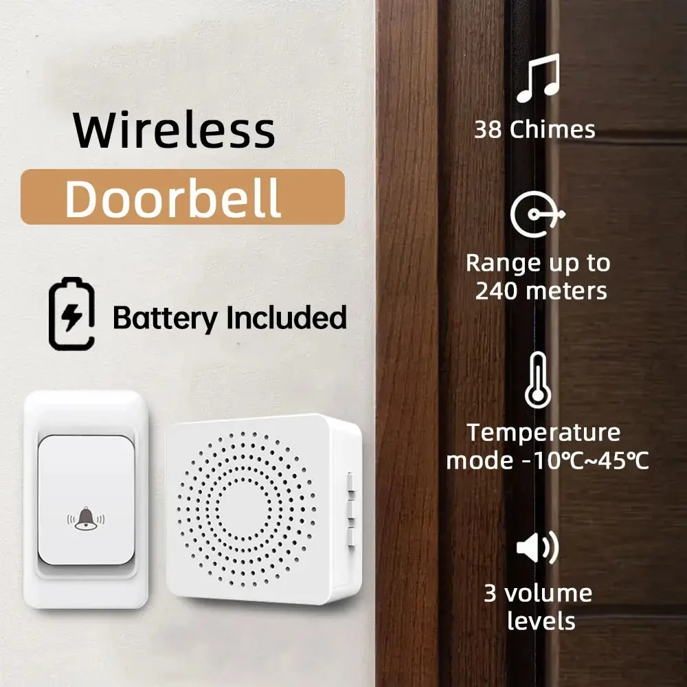 Wireless Doorbell Waterproof Easy Installation Door Bell with 38 Chimes 3 Volume Levels and 800Ft Range for Business Store Home