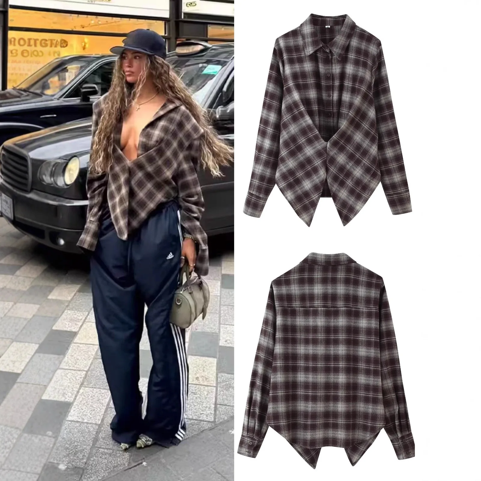 

Street Plaid Low Collar Shirt Women Casual Long Sleeves Slim-fit Pleated Blouses Female 2026 Sexy Vintage Chic Spring Lady Tops