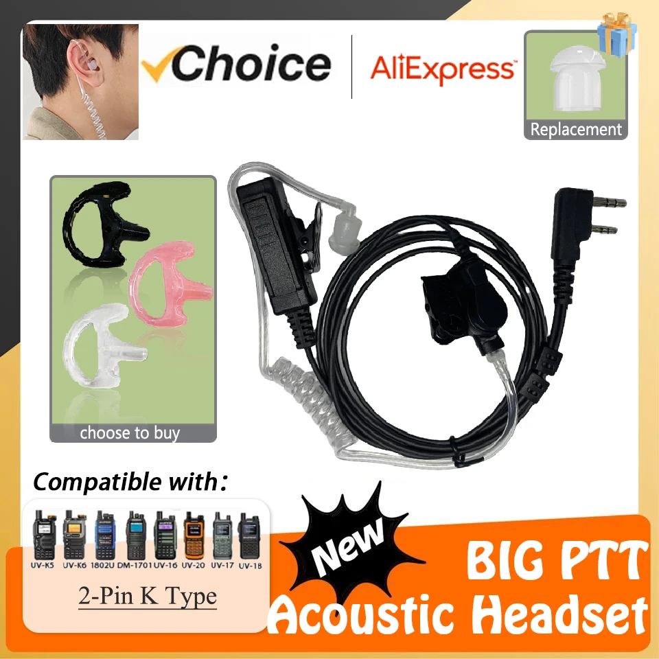 2-Pin K Type Covert Acoustic Air Tube Security Earpiece Headset Mic Walkie Talkies Headphone Earphone for Kenwood Baofeng Radios
